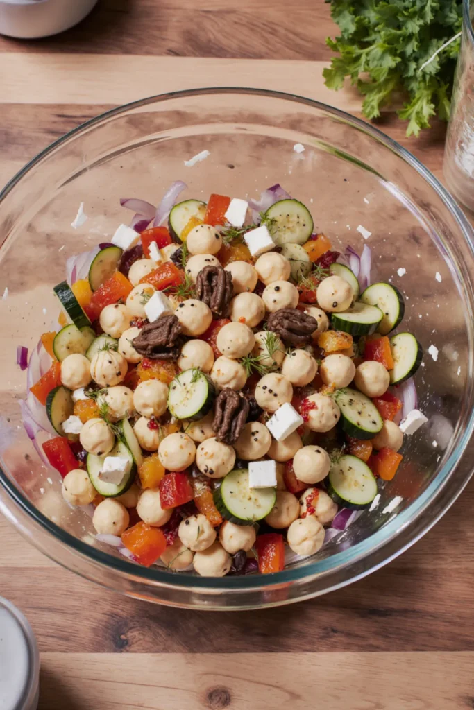 Close-up of vegan dense bean salad with chickpeas and fresh vegetables.