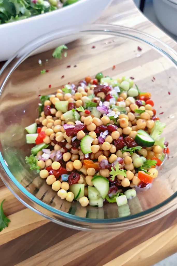 Vegan dense bean salad in a large mixing bowl.