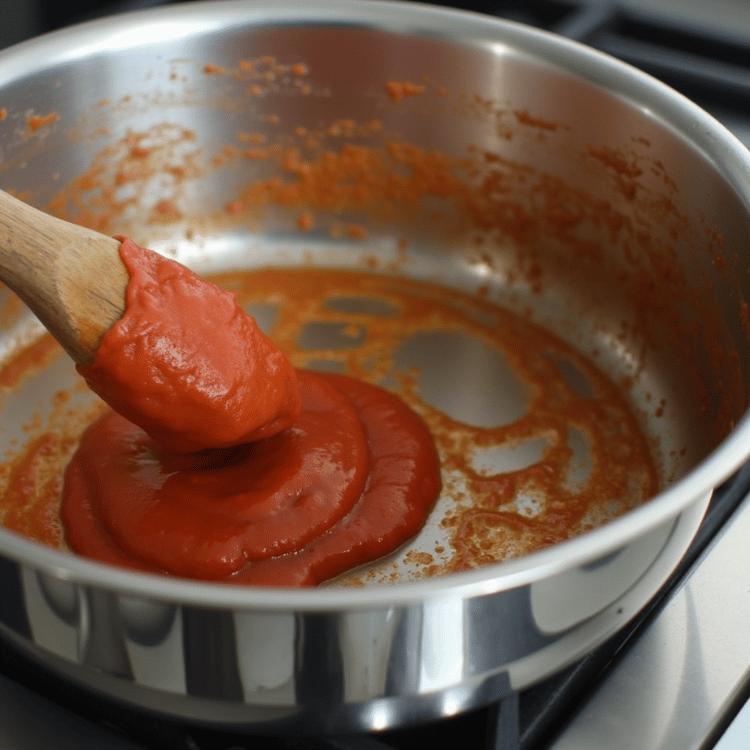 Close-up of thick guava paste being stirred in a stainless steel pan with a wooden spoon, showing the smooth texture and vibrant red color