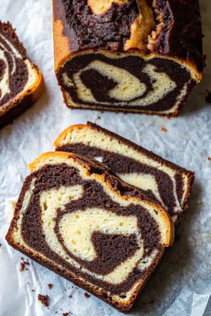 Vegan marble cake with chocolate and vanilla swirls on a serving plate