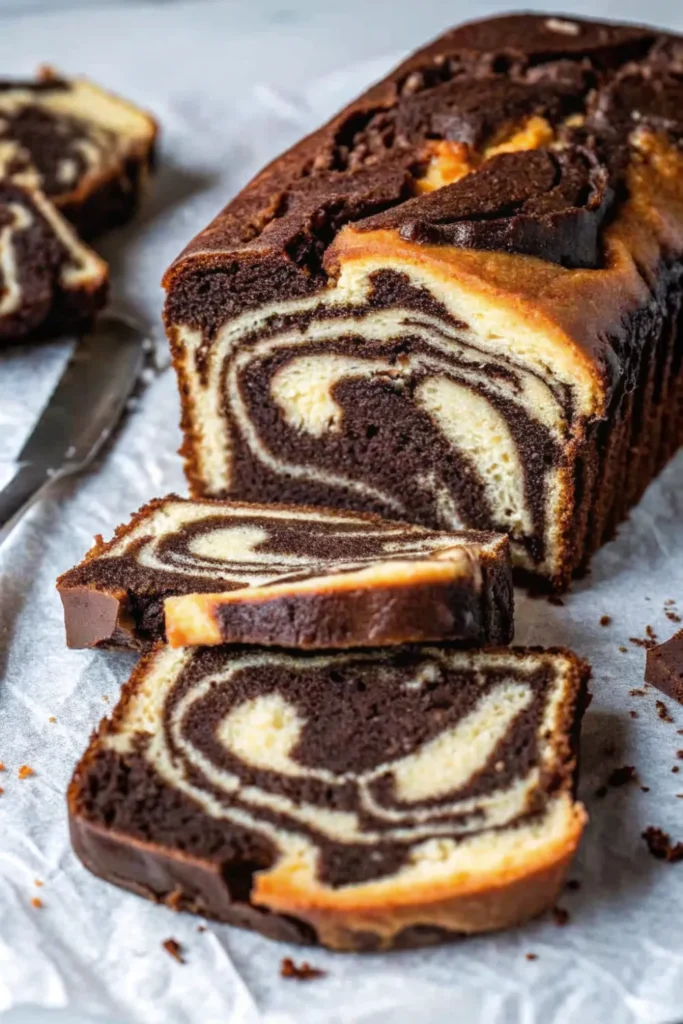 Close-up of moist vegan marble cake on a wooden board