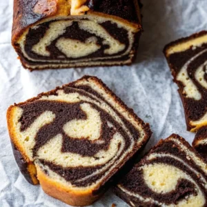 Sliced vegan marble cake showing swirled chocolate and vanilla layers