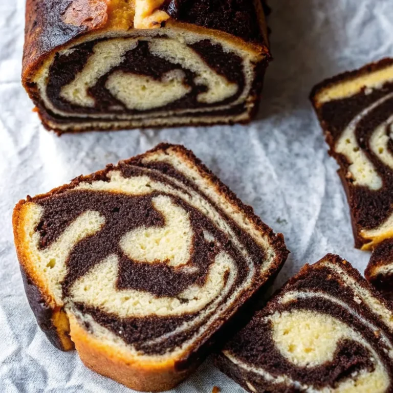 Sliced vegan marble cake showing swirled chocolate and vanilla layers